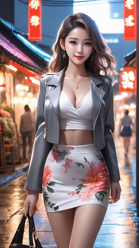  (8k, best quality, masterpiece:1,2), (realistic, photo-realistic:1,37), top quality, masterpiece, a beautiful woman, wearing a shirt for women crop v neck top white t-shirt korean fashion women t with a tight open gray color jacket, beautiful and toned body, cleavage, floral mini skirt, walking in the suburbs, slightly drizzling night background, in shops with Korean-style shop lights, night atmosphere, slightly wet asphalt, seductive smiles with dimples, drakan_longdress_dragon crown_headdress