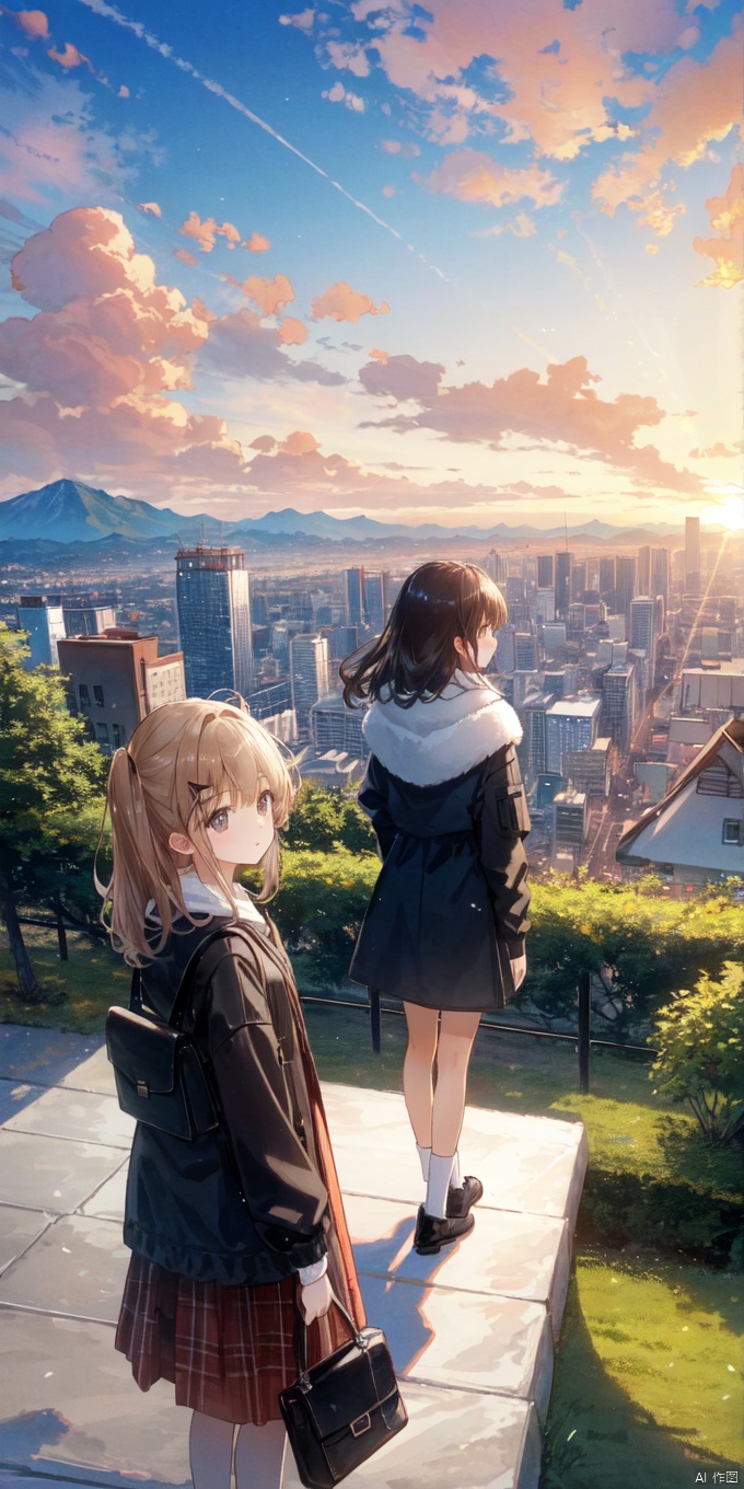  3 girls, standing, cute, watching the sunset on the mountain, panoramic view, city background