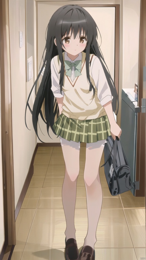  1girl, solo, pantyhose, skirt, long hair, loafers, shoes, simple background, school uniform, brown eyes, plaid, black pantyhose, plaid skirt, looking at viewer, black hair, pantyhose pull, full body, clothes pull, black footwear, pleated skirt, leaning forward, bangs, long sleeves, bent over, cardigan, bow, bowtie, standing, closed mouth, pulled by self, grey background, blush, miniskirt, red bow, sweater, undressing, backlight, panties under pantyhose，卧室