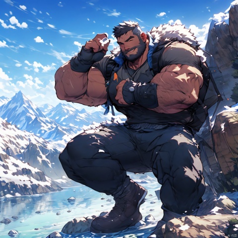  (masterpiece:1.2), best quality,PIXIV,Muscular Male,dynamic pose,beard, soil Element,rock, Normal Muscular Arms, bulging crotch area, mature male,Leaning against a rock, legs apart, one leg bent, wearing only a tank top, bare shoulders. Snowy mountain, fur vest.