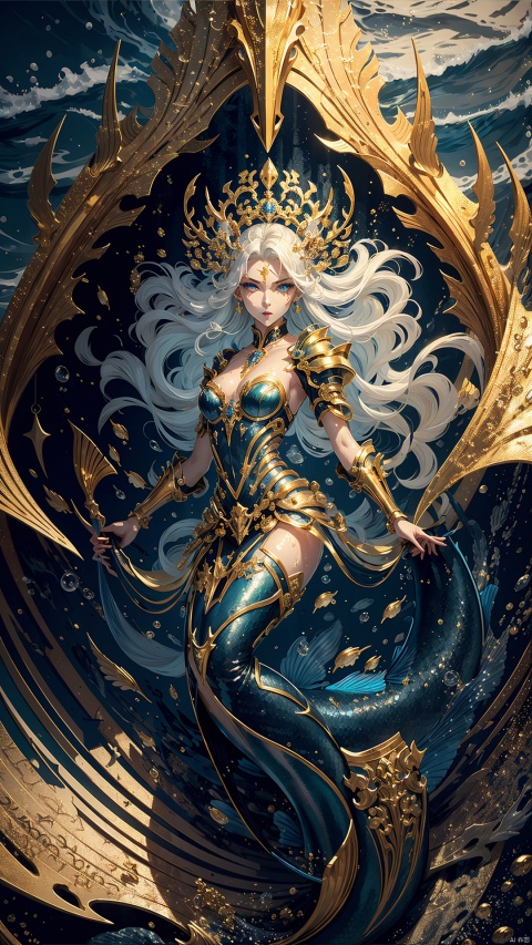  Masterpiece, Best quality,solo,(full body:1.2),A mermaid, beauty,white hair, long hair, all wet, bare collarbones, half-naked breasts, medium breasts, delicate features, beautiful face, beautiful eyes, big eyes, delicate eyes, super detail,
(holding lance:1), the background is the sea, the waves, the waves, the sexy posture, the golden glittering fish scale, the armor plate of the fish scale, Nine heads, small waists, full bodies, sexy bodies, delicate lips,
golden fins, the sea is roaring,Blue eyes, beautiful eyes, beautiful mouth, fair skin, clean face, Xhuoguo