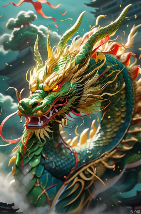  This article is 80 meters tall wearing a green armor emperor dragon, head like majesty, eyes have a flash of Dragon Ball, like colorful Baozhu, belly like mirage, scales like fish, holding a sharp blade, body like ah Luo scene, "secular painting dragon elephant, shoulder behind a pair of laser Suzaku phoenix wings"
Has a high internal force when fighting like a human Chinese dragon, his wings shine
