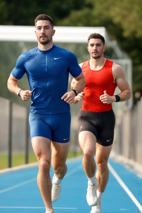 👫, a Handsome man and a muscular man running together,flat top hair, body hair, hairy chest,facial hair,Glowing skin,topless,sports briefs,(RAW Photo,Masterpiece,High Resolution,photorealistic,Realism,best quality,sharp focus, profession),exquisite facial features,handsome,running,blurry,outdoors,sunshine, Ray Tracing,full body,Dynamic angle,