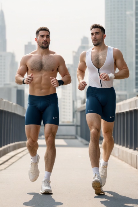  👫, a Handsome man and a muscular man running together,flat top hair, body hair, hairy chest,shortest whiskers,Glowing skin,topless,sports briefs,(RAW Photo,Masterpiece,High Resolution,photorealistic,Realism,best quality,sharp focus, profession),exquisite facial features,handsome,running,blurry,outdoors,sunshine, Ray Tracing,full body,Dynamic angle,