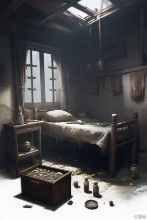 A dilapidated room, with a man lying on a bed and medicine jars everywhere inside,RPG