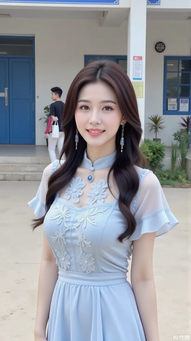 The image shows a woman standing outdoors, smile, dressed in a blue dress with intricate floral embroidery. The dress features a high collar and short sleeves with ruffled details. She is wearing a necklace with a blue gemstone pendant. Her long, dark hair is styled in loose waves, and she is accessorized with matching earrings. In the background, there is a building with a blue door and some signs on the wall, along with a person walking in the distance. The overall setting appears to be a school or similar institution.