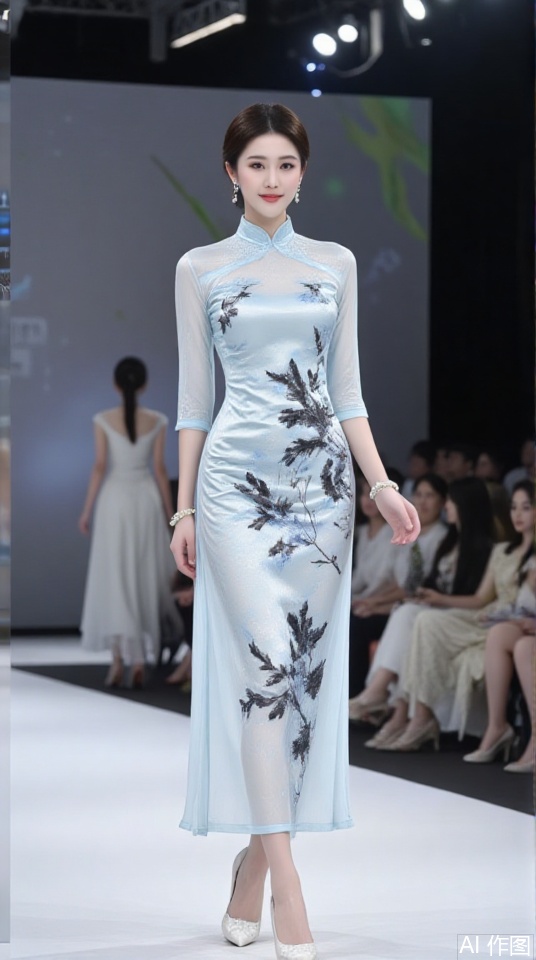 A charming young beauty, smile, standing tall. She wore a three-quarter sleeve Chinese cheongsam with strong Chinese cultural characteristics, white high heels, a cheongsam with a blue silk background, and blue and white and black ink elements. She wore pearl earrings and bracelets. Fusion of cultural tradition and modern aesthetics, show the classical beauty, the unique charm of Eastern culture, beautiful, full of 36D, walking on the runway, runway, lighting effects, Victoria's Secret temperament.
