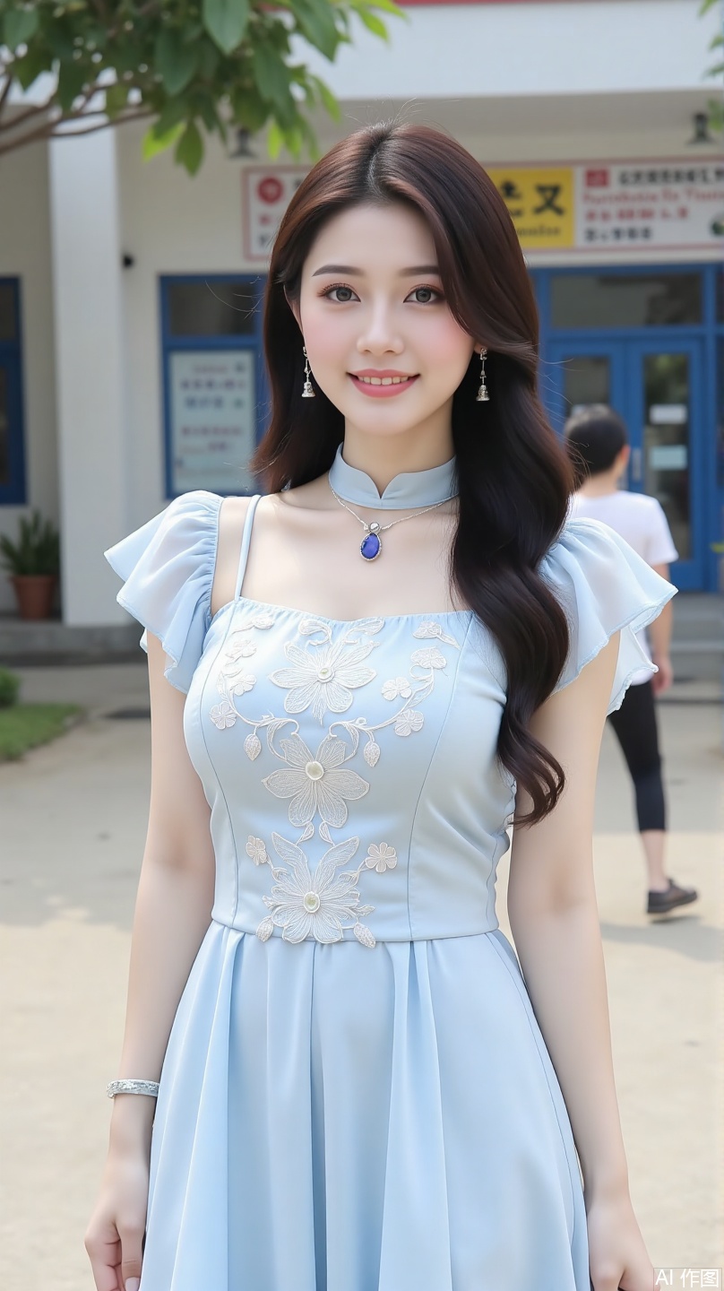 The image shows a woman standing outdoors, smile, dressed in a blue dress with intricate floral embroidery. The dress features a high collar and short sleeves with ruffled details. She is wearing a necklace with a blue gemstone pendant. Her long, dark hair is styled in loose waves, and she is accessorized with matching earrings. In the background, there is a building with a blue door and some signs on the wall, along with a person walking in the distance. The overall setting appears to be a school or similar institution.
