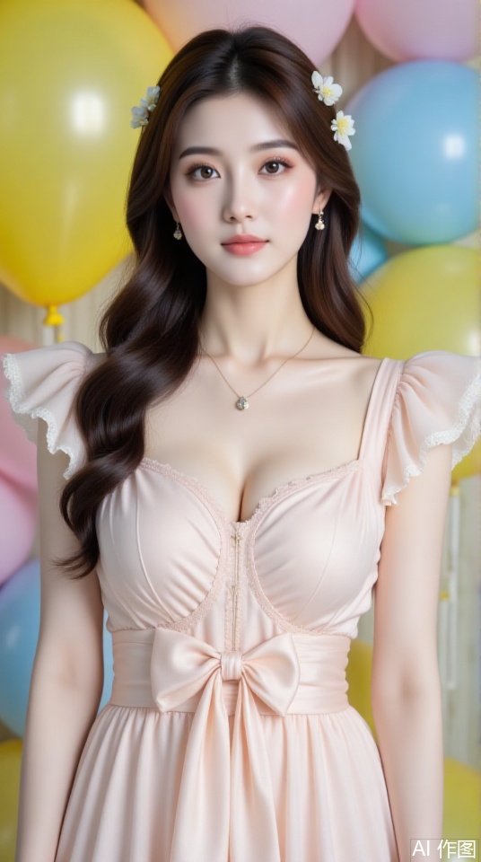 The image shows a young woman standing against a colorful background. She is wearing a pastel-colored dress with ruffled sleeves and a large bow at the waist. Her hair is styled with small white flowers, and she is adorned with delicate jewelry, including a necklace and earrings. The background features large, colorful balloons in shades of yellow, blue, and pink, creating a festive atmosphere. 