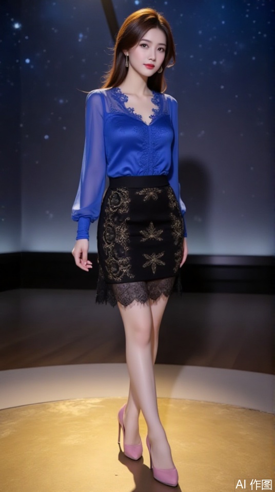 The image shows a woman standing on a stage with a spotlight effect. She is wearing a blue blouse with lace detailing and a black skirt adorned with gold patterns. Her outfit is complemented by pink high-heeled shoes. The background features a starry night sky with a subtle gradient of blue and black, giving a sense of depth and space. The floor beneath her is golden, reflecting light and adding to the overall glamorous atmosphere.