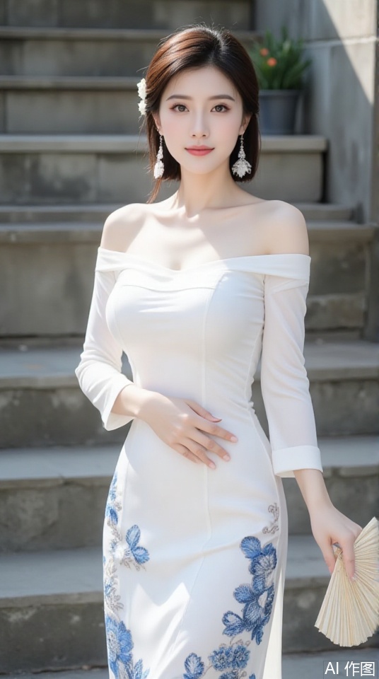The image shows a woman standing in an outdoor setting. She is dressed in an elegant white off-shoulder dress with long sleeves and intricate blue floral embroidery at the hem. a cheongsam with a blue silk background, and blue and white and black ink elements. She is holding a wooden fan in her hands. The background consists of a stone wall with a staircase leading upwards, and the lighting suggests it might be early morning or late afternoon, casting soft shadows. The woman's hair is styled neatly, and she is wearing large dangling earrings. The overall atmosphere is serene and slightly formal.