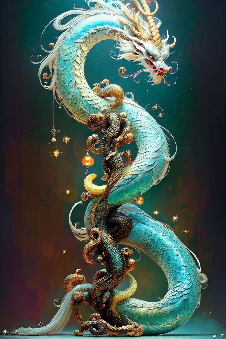 Tsing lung looks like a long snake, a unicorn head, a carp tail, a long beard, horns like a deer, five claws, a formidable appearance, a winged lizard with a slender beard and a long tongue, and a yellow "ball" in its mouth. Its face is silvery white, and its whole body is basically blue scales and emerald green, and its upper body has a strong tail, which is long and powerful, flexible and flexible. Strong feet, sharp toes and bright eyes.