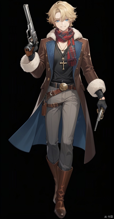  (best quality), ((masterpiece)), (highres), illustration, original, extremely detailed wallpaper.1boy, gun, weapon, male focus, blonde hair, holding, solo, fur trim, dual wielding, boots, gloves, blue eyes, pants, holding gun, necklace, holding weapon, belt, brown footwear, jacket, smile, jewelry, white background, cross, handgun, looking at viewer, short hair, cross necklace, simple background, full body, scarf, revolver, black gloves, black shirt