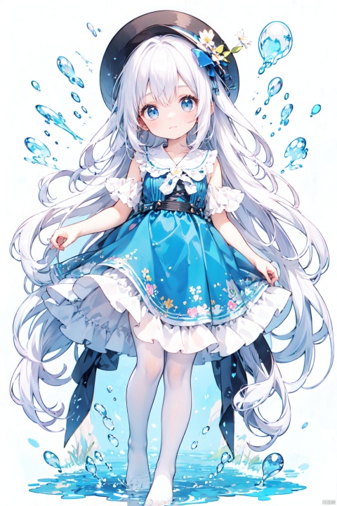  petite,loli,1girl, air_bubble, black_background, blue_skirt, bubble, dress, frills, full_body, hat, long_hair, looking_at_viewer, skirt, smile, solo, underwater, very_long_hair, water, water_drop, white_legwear