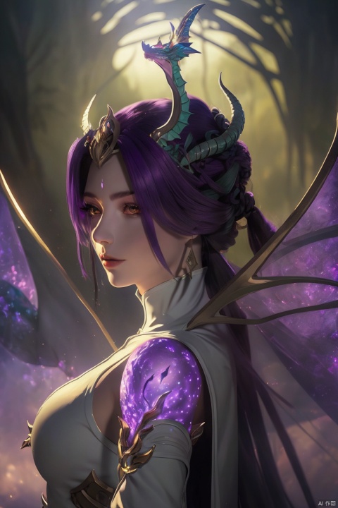 mastepiece,best quality,ethereal dragon,fantasy art,backlighting,ethereal glow,purple theme, best quality,portrait,looking at viewer,detailed face