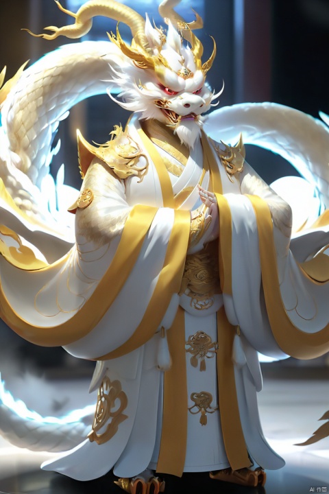 full body,Handsome Chinese dragon, white and gold basedancient Chinese robe, fluffy fur, cute features,A halo floating on the head,,Beautiful mechanical wings,The bustling urban background, front, character IP design, 3D, OC rendering,C4D,cinematic lighting, ray tracing, Extreme viewing angle, fisheye lens,UHD, anatomicallycorrect,ccurate, super detail, high details, best quality, 16k