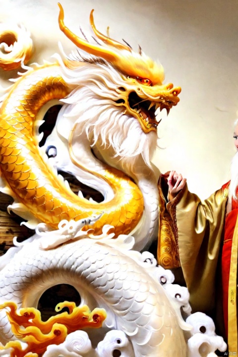 Female Oriental Dragon King, golden eyes, long ears, long golden beard, supernatural energy, chest emblem, brown and yellow horns, white and blonde hair, fire element coat, monkren
