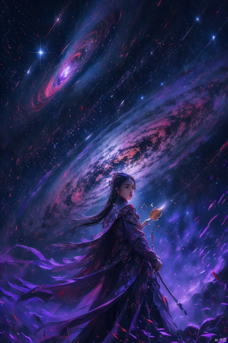  1girl, limuwan,(wide shot:0.95),from_below,black magic,purple theme,(universe in background:1.2),star_(sky),hyper_galaxy,depth_of_field,planet in background,particle effects, Light master, chijian