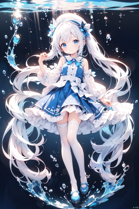  petite,loli,1girl, air_bubble, black_background, blue_skirt, bubble, dress, frills, full_body, hat, long_hair, looking_at_viewer, skirt, smile, solo, underwater, very_long_hair, water, water_drop, white_legwear