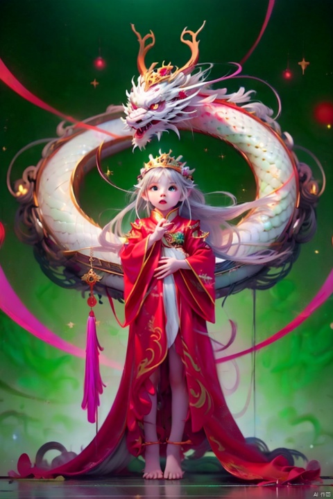Nian Wei Nong Meng baby sparkling, dragon crown 3 legs red dragon robe green dragon robe looked at the viewer's eyes shot lightning long-sleeved reality separated lips background 