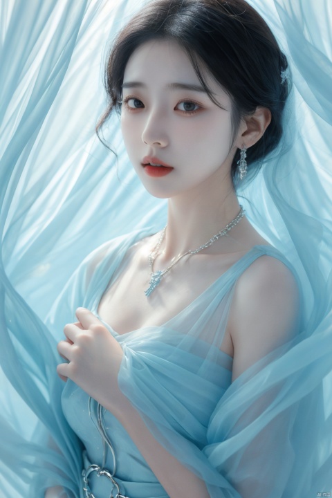  mzldress,a girl,solo,upper body,necklace and ear chain, sunlight, Black hair,realism,blue dress
