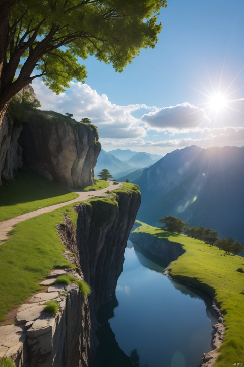  blue sky,building,bush,city,cliff,cloud,cloudy sky,condensation trail,day,field,grass,horizon,landscape,lens flare,mountain,nature,no humans,outdoors,overgrown,path,plant,rock,ruins,scenery,sky,sun,sunlight,tree,water