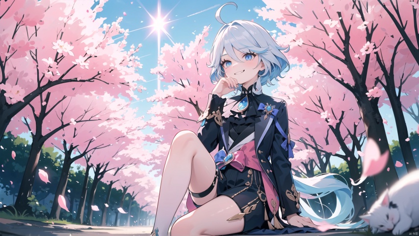  1girl,furina,cat,blue hair,sexy,（smirk：1.2）,upper body,[sitting under the sakura tree,knee up], (from below,full body,panorama,depth of field),(looking up),(pink petals,tyndall effect,)
,