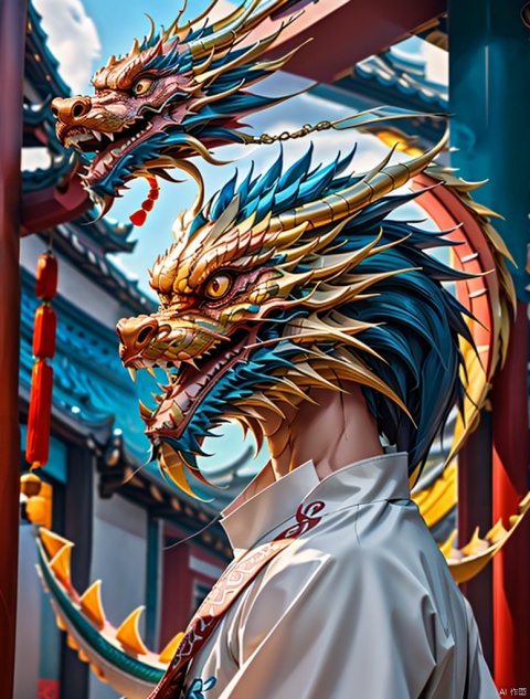  Chinese dragon,Leading man,Armor,Metallic texture,,hanfu,, print robe