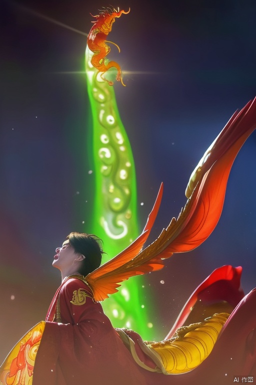 This article is 80 meters tall wearing a green armor emperor dragon, head like majesty, eyes have a flash of Dragon Ball, like colorful Baozhu, belly like mirage, scales like fish, holding a sharp blade, body like ah Luo scene, "secular painting dragon elephant, shoulder behind a pair of laser Suzaku phoenix wings"
Has a high internal force when fighting like a human Chinese dragon, his wings shine