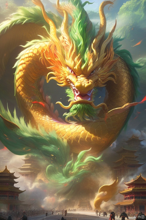  This article is 80 meters tall wearing a green armor emperor dragon, head like majesty, eyes have a flash of Dragon Ball, like colorful Baozhu, belly like mirage, scales like fish, holding a sharp blade, body like ah Luo scene, "secular painting dragon elephant, shoulder behind a pair of laser Suzaku phoenix wings"
Has a high internal force when fighting like a human Chinese dragon, his wings shine