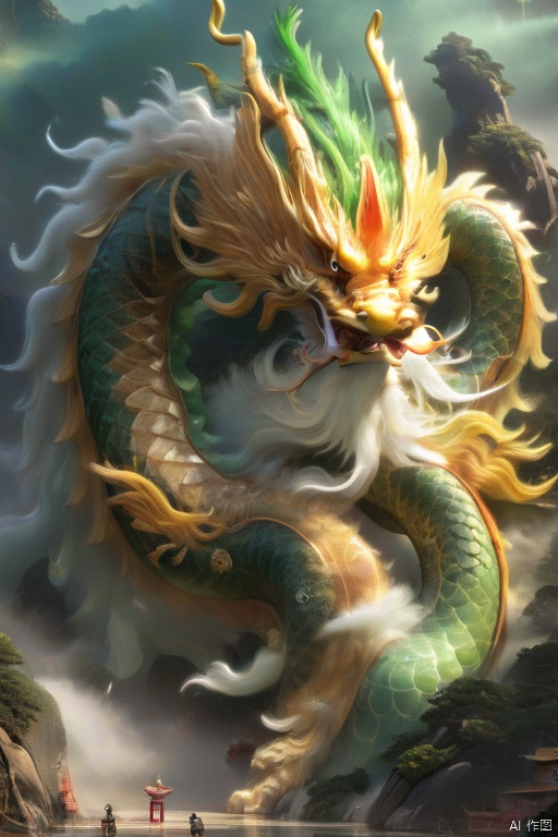 This article is 80 meters tall wearing a green armor emperor dragon, head like majesty, eyes have a flash of Dragon Ball, like colorful Baozhu, belly like mirage, scales like fish, holding a sharp blade, body like ah Luo scene, "secular painting dragon elephant, shoulder behind a pair of laser Suzaku phoenix wings"
Has a high internal force when fighting like a human Chinese dragon, his wings shine