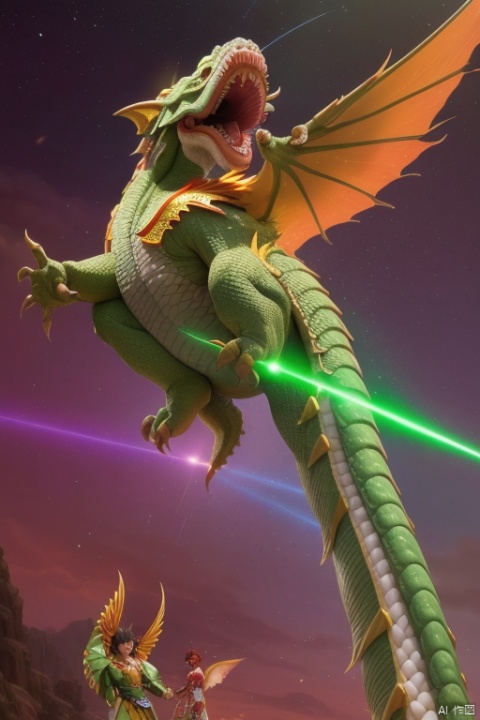  This article is 80 meters tall wearing a green armor emperor dragon, head like majesty, eyes have a flash of Dragon Ball, like colorful Baozhu, belly like mirage, scales like fish, holding a sharp blade, body like ah Luo scene, "secular painting dragon elephant, shoulder behind a pair of laser Suzaku phoenix wings"
Has a high internal force when fighting like a human Chinese dragon, his wings shine