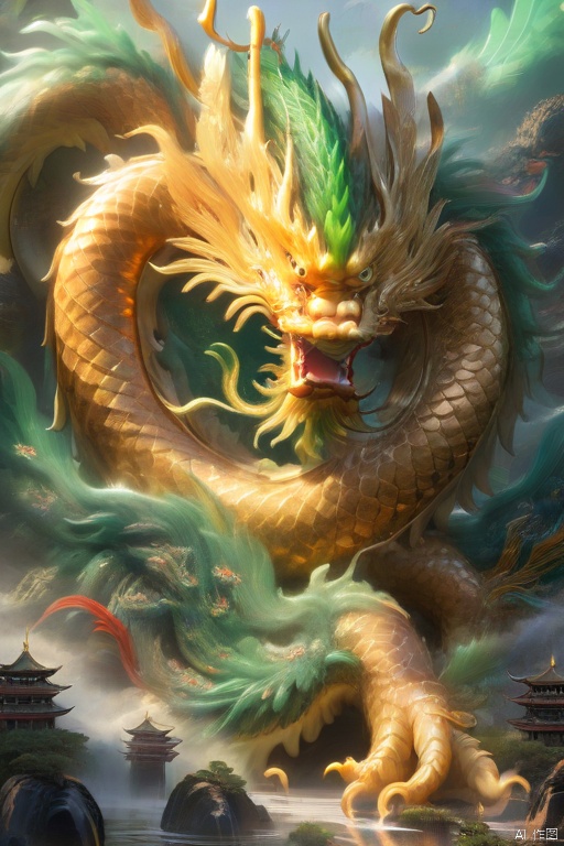 This article is 80 meters tall wearing a green armor emperor dragon, head like majesty, eyes have a flash of Dragon Ball, like colorful Baozhu, belly like mirage, scales like fish, holding a sharp blade, body like ah Luo scene, "secular painting dragon elephant, shoulder behind a pair of laser Suzaku phoenix wings"
Has a high internal force when fighting like a human Chinese dragon, his wings shine