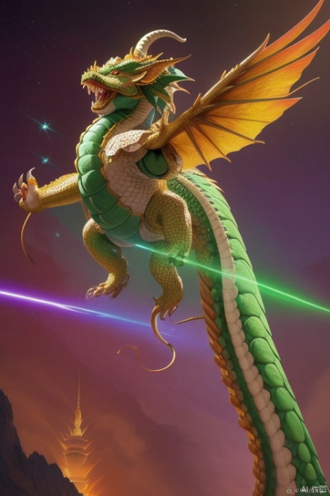  This article is 80 meters tall wearing a green armor emperor dragon, head like majesty, eyes have a flash of Dragon Ball, like colorful Baozhu, belly like mirage, scales like fish, holding a sharp blade, body like ah Luo scene, "secular painting dragon elephant, shoulder behind a pair of laser Suzaku phoenix wings"
Has a high internal force when fighting like a human Chinese dragon, his wings shine