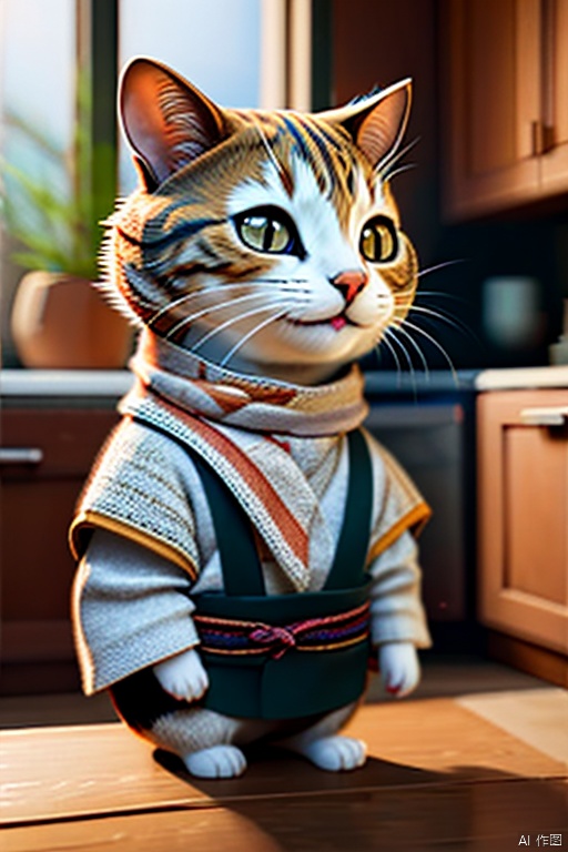 Cat Head Person:1,(Cat:0.7),kitchen,depth of field,film grain,long sleeves,scarf,smile,(1girl:0.1),standing,sushi