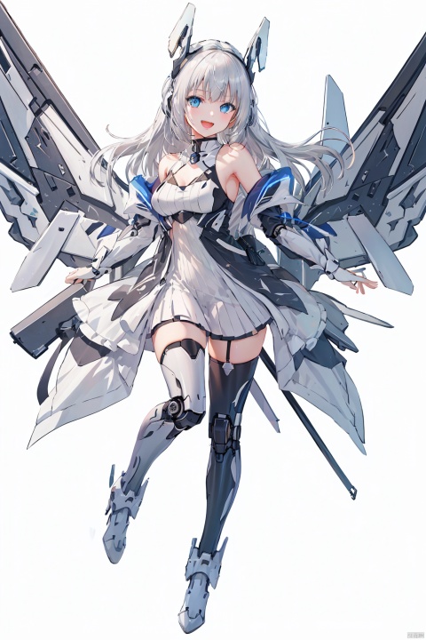  (best quality), (masterpiece), (highres),epicscenes,impactfulvisuals,senseofspace,(sciencefiction:1.3),天启姬,1girl,solo,Diving down over the village,blue eyes,long hair,mecha musume,white background,dress,open mouth,smile,white hair,looking at viewer,white dress,full body,breasts,bangs,mechanical legs,bare shoulders,thighhighs,boots,mechanical wings,wings,:d,Science fiction mechanical wings with fans,