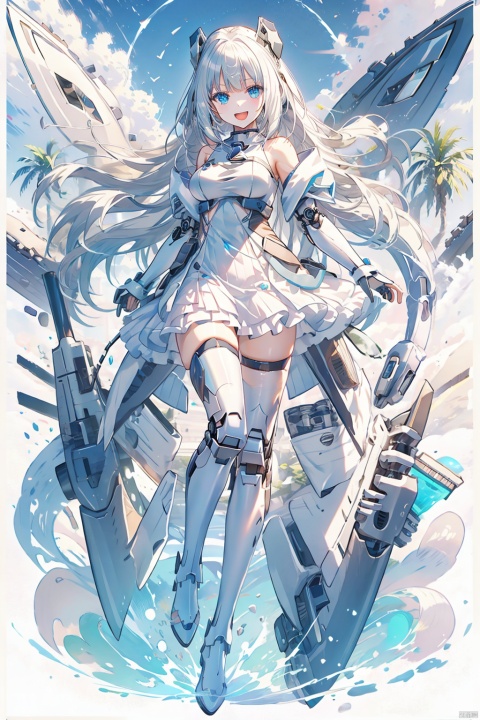  (best quality),(masterpiece),(highres),epicscenes,impactfulvisuals,senseofspace,(sciencefiction:1.3),天启姬,1girl,solo,Diving down over the village,blue eyes,long hair,mecha musume,white background,dress,open mouth,smile,white hair,looking at viewer,white dress,full body,breasts,bangs,mechanical legs,bare shoulders,thighhighs,boots,mechanical wings,wings,:d,Science fiction mechanical wings with fans, cozy animation scenes, ((poakl))