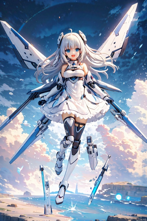 (bestquality),(masterpiece),(highres),epicscenes,impactfulvisuals,senseofspace,(sciencefiction:1.3),天启姬,1girl,solo,Diving down over the village,blue eyes,long hair,mecha musume,white background,dress,open mouth,smile,white hair,looking at viewer,white dress,full body,breasts,bangs,mechanical legs,bare shoulders,thighhighs,boots,mechanical wings,wings,:d,Science fiction mechanical wings with fans, cozy animation scenes, ((poakl))