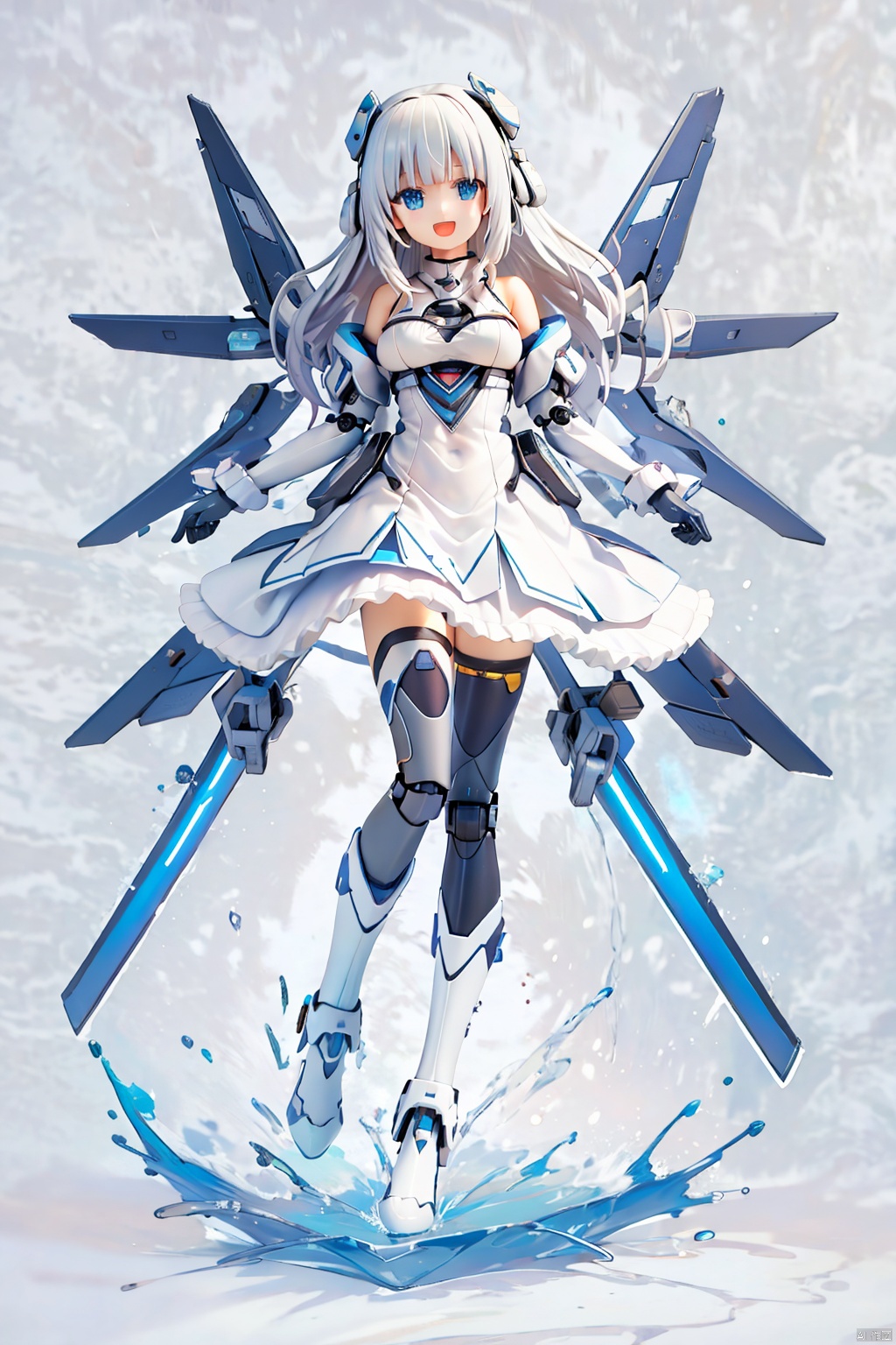 (bestquality),(masterpiece),(highres),epicscenes,impactfulvisuals,senseofspace,(sciencefiction:1.3),天启姬,1girl,solo,Diving down over the village,blue eyes,long hair,mecha musume,white background,dress,open mouth,smile,white hair,looking at viewer,white dress,full body,breasts,bangs,mechanical legs,bare shoulders,thighhighs,boots,mechanical wings,wings,:d,Science fiction mechanical wings with fans, cozy animation scenes, ((poakl))