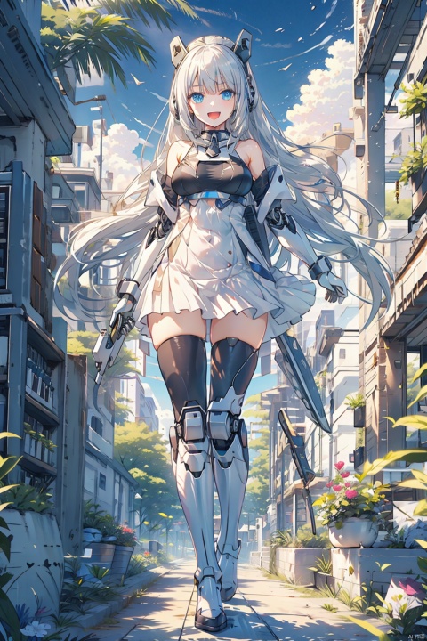  (bestquality),(masterpiece),(highres),epicscenes,impactfulvisuals,senseofspace,(sciencefiction:1.3),天启姬,1girl,solo,Diving down over the village,blue eyes,long hair,mecha musume,white background,dress,open mouth,smile,white hair,looking at viewer,white dress,full body,breasts,bangs,mechanical legs,bare shoulders,thighhighs,boots,mechanical wings,wings,:d,Science fiction mechanical wings with fans, cozy animation scenes, ((poakl))