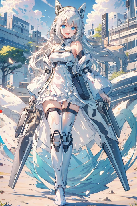  (bestquality),(masterpiece),(highres),epicscenes,impactfulvisuals,senseofspace,(sciencefiction:1.3),天启姬,1girl,solo,Diving down over the village,blue eyes,long hair,mecha musume,white background,dress,open mouth,smile,white hair,looking at viewer,white dress,full body,breasts,bangs,mechanical legs,bare shoulders,thighhighs,boots,mechanical wings,wings,:d,Science fiction mechanical wings with fans, cozy animation scenes, ((poakl))