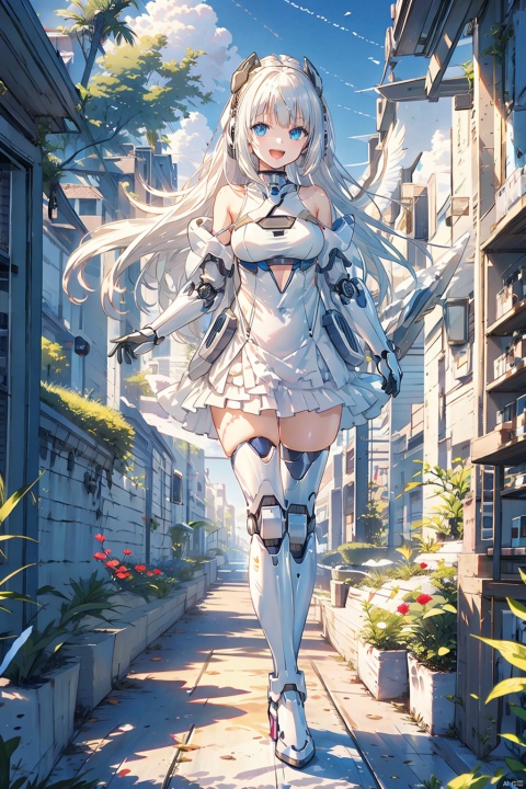  (bestquality),(masterpiece),(highres),epicscenes,impactfulvisuals,senseofspace,(sciencefiction:1.3),天启姬,1girl,solo,Diving down over the village,blue eyes,long hair,mecha musume,white background,dress,open mouth,smile,white hair,looking at viewer,white dress,full body,breasts,bangs,mechanical legs,bare shoulders,thighhighs,boots,mechanical wings,wings,:d,Science fiction mechanical wings with fans, cozy animation scenes, ((poakl))