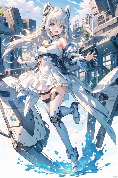  (bestquality),(masterpiece),(highres),epicscenes,impactfulvisuals,senseofspace,(sciencefiction:1.3),天启姬,1girl,solo,Diving down over the village,blue eyes,long hair,mecha musume,white background,dress,open mouth,smile,white hair,looking at viewer,white dress,full body,breasts,bangs,mechanical legs,bare shoulders,thighhighs,boots,mechanical wings,wings,:d,Science fiction mechanical wings with fans, cozy animation scenes, ((poakl))