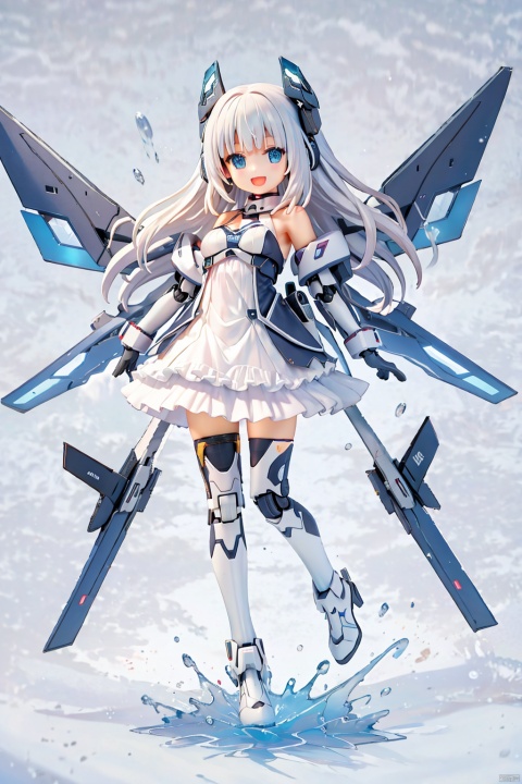 (bestquality),(masterpiece),(highres),epicscenes,impactfulvisuals,senseofspace,(sciencefiction:1.3),天启姬,1girl,solo,Diving down over the village,blue eyes,long hair,mecha musume,white background,dress,open mouth,smile,white hair,looking at viewer,white dress,full body,breasts,bangs,mechanical legs,bare shoulders,thighhighs,boots,mechanical wings,wings,:d,Science fiction mechanical wings with fans, cozy animation scenes, ((poakl))
