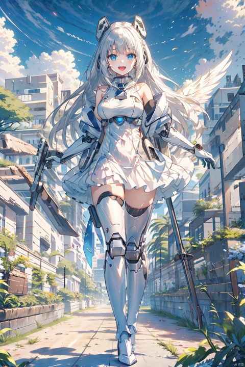  (bestquality),(masterpiece),(highres),epicscenes,impactfulvisuals,senseofspace,(sciencefiction:1.3),天启姬,1girl,solo,Diving down over the village,blue eyes,long hair,mecha musume,white background,dress,open mouth,smile,white hair,looking at viewer,white dress,full body,breasts,bangs,mechanical legs,bare shoulders,thighhighs,boots,mechanical wings,wings,:d,Science fiction mechanical wings with fans, cozy animation scenes, ((poakl))