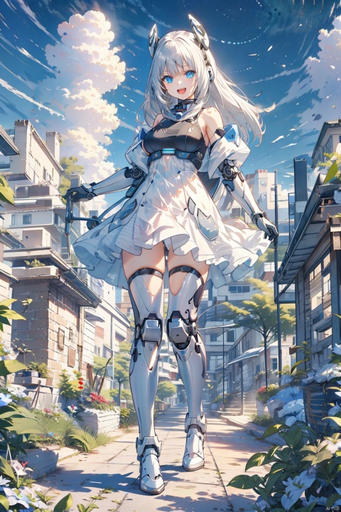  (bestquality),(masterpiece),(highres),epicscenes,impactfulvisuals,senseofspace,(sciencefiction:1.3),天启姬,1girl,solo,Diving down over the village,blue eyes,long hair,mecha musume,white background,dress,open mouth,smile,white hair,looking at viewer,white dress,full body,breasts,bangs,mechanical legs,bare shoulders,thighhighs,boots,mechanical wings,wings,:d,Science fiction mechanical wings with fans, cozy animation scenes, ((poakl))