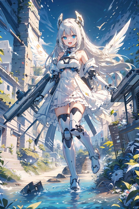  (bestquality),(masterpiece),(highres),epicscenes,impactfulvisuals,senseofspace,(sciencefiction:1.3),天启姬,1girl,solo,Diving down over the village,blue eyes,long hair,mecha musume,white background,dress,open mouth,smile,white hair,looking at viewer,white dress,full body,breasts,bangs,mechanical legs,bare shoulders,thighhighs,boots,mechanical wings,wings,:d,Science fiction mechanical wings with fans, cozy animation scenes, ((poakl))