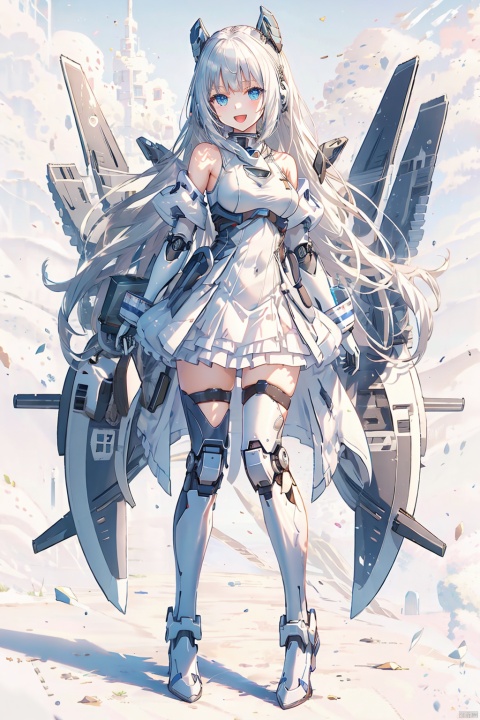  (best quality), (masterpiece),(highres),epicscenes,impactfulvisuals,senseofspace,(sciencefiction:1.3),天启姬,1girl,solo,Diving down over the village,blue eyes,long hair,mecha musume,white background,dress,open mouth,smile,white hair,looking at viewer,white dress,full body,breasts,bangs,mechanical legs,bare shoulders,thighhighs,boots,mechanical wings,wings,:d,Science fiction mechanical wings with fans, cozy animation scenes, ((poakl))