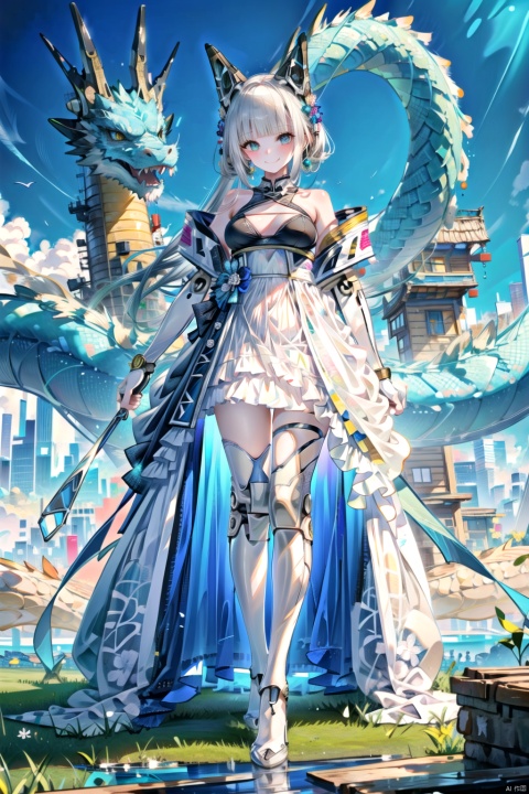 天启姬, 1girl, solo, long hair, mecha musume, smile, looking at viewer, white dress, full body, bare shoulders, boots, fingerless gloves, mechanical legs, ((poakl)), + +, Dragon and girl