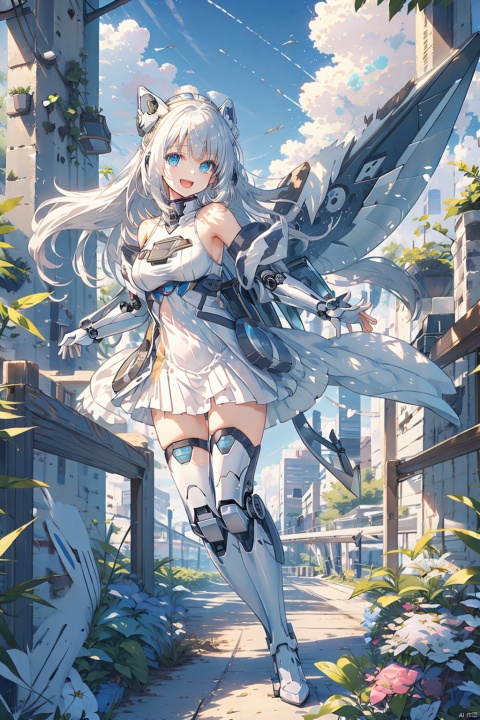  (bestquality),(masterpiece),(highres),epicscenes,impactfulvisuals,senseofspace,(sciencefiction:1.3),天启姬,1girl,solo,Diving down over the village,blue eyes,long hair,mecha musume,white background,dress,open mouth,smile,white hair,looking at viewer,white dress,full body,breasts,bangs,mechanical legs,bare shoulders,thighhighs,boots,mechanical wings,wings,:d,Science fiction mechanical wings with fans, cozy animation scenes, ((poakl))